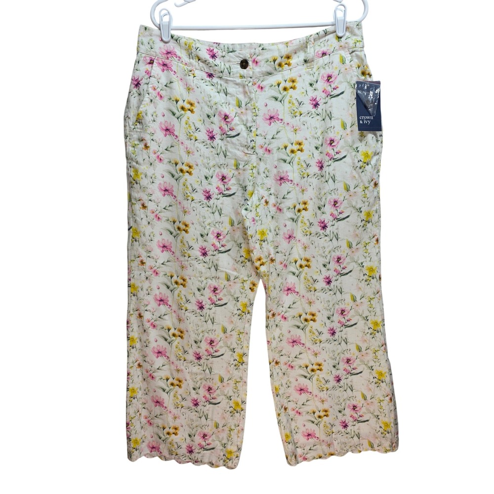 Crown and Ivy Womens Floral Scalloped Hem Linen Blend Pants White Pink Sz 10